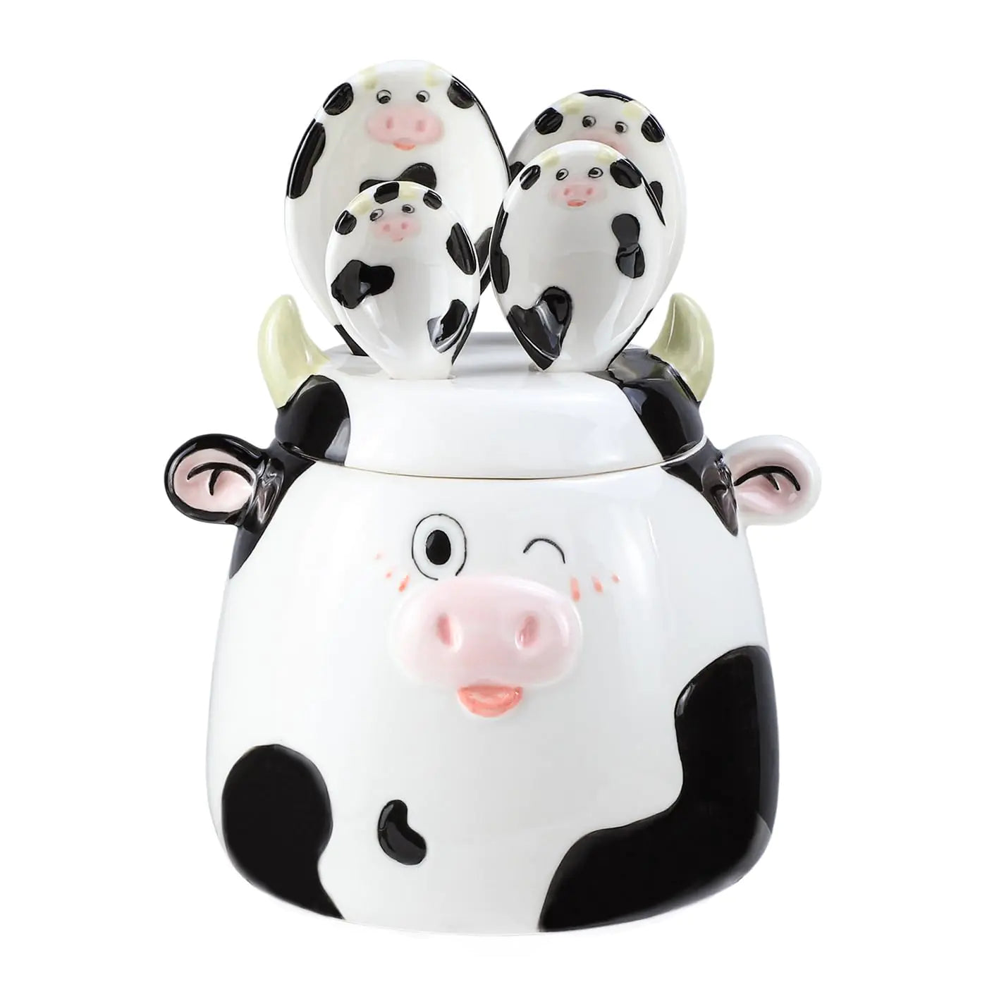 Bicuzat Ceramic Cow Pattern Measuring Spoons Set for Dry or Liquid with Measuring Cup Set 4 PCS Kitchen Measuring Baking Spoons Cooking Measuring Spoons for Kitchen Baking Tool Utensil Set